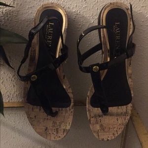 Ralph Lauren Black Patent Leather Cork Wedge Sandals